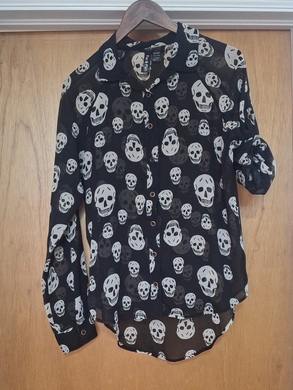 Fun & Flirt Black Sheer Shirt w/ White Skull Print